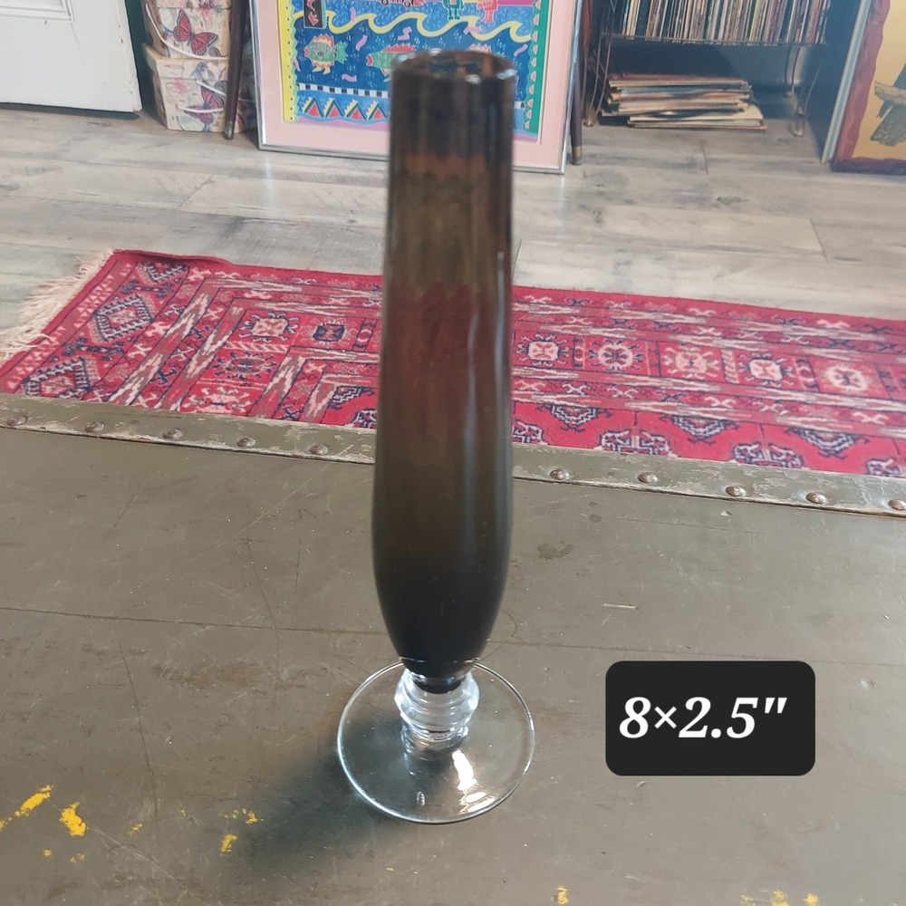 Vintage Smoky Brown Glass Bud Vase Clear Pedestal Base Mid Century Modern 8 Inch